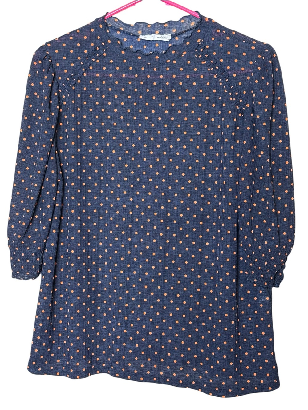 Zara Navy Blue with Orange Polka Dots Top. Delicate Ruffle Comfy Size M